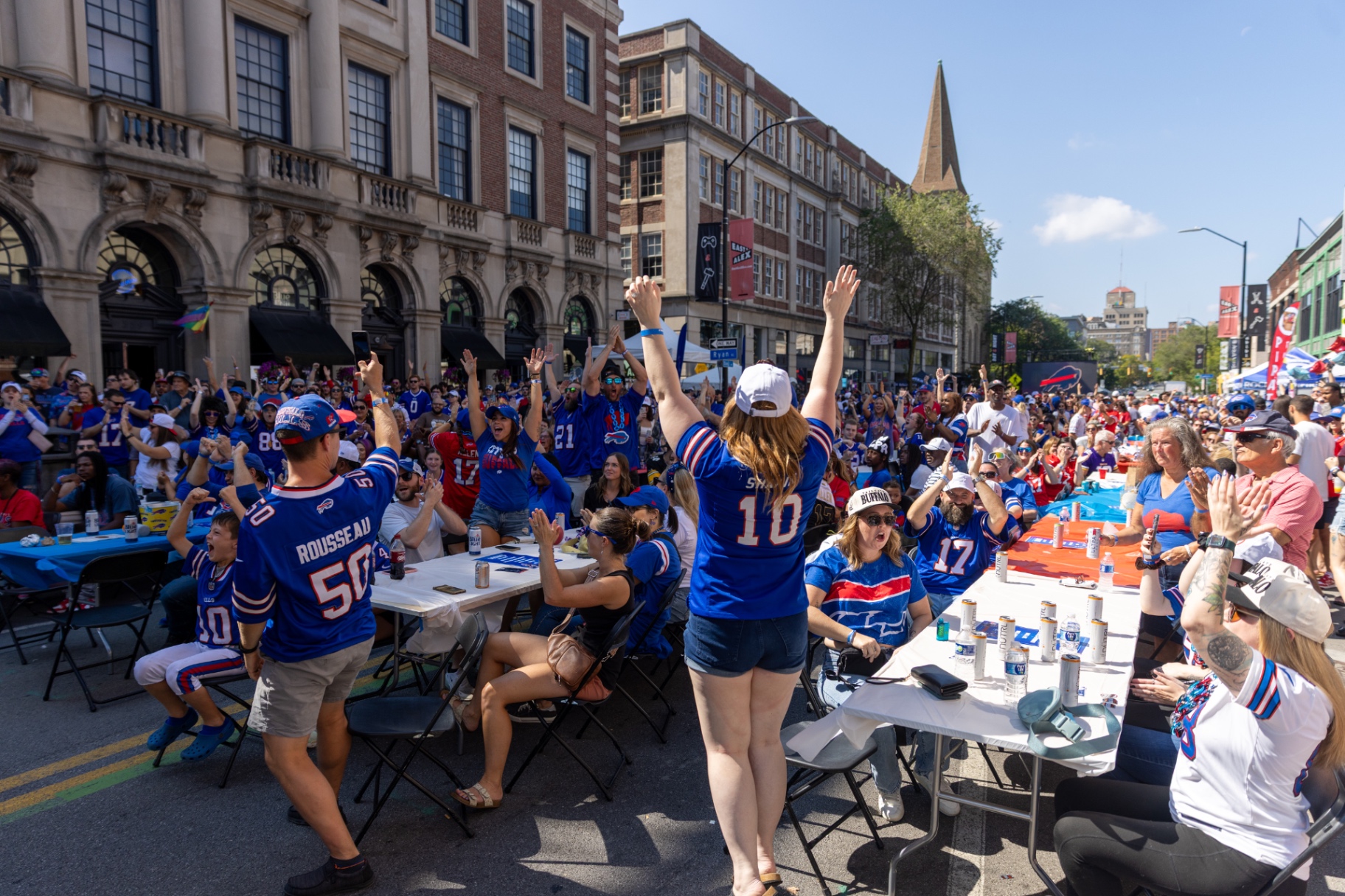 Bills fans cheering at outdoor watch party