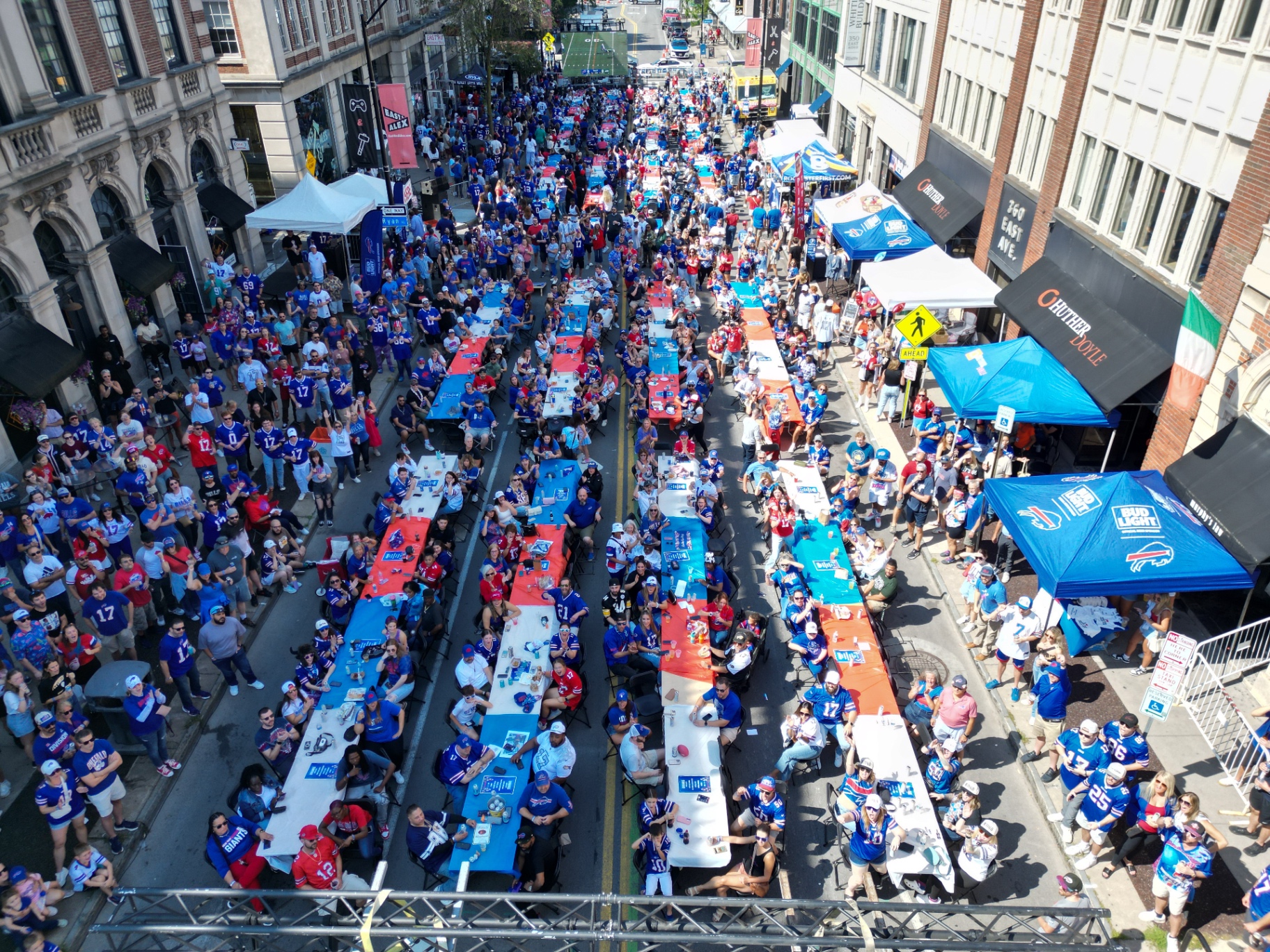 Aerial view of thousands of Bills fans packed onto East Avenue during the Sunday Football Block Party
